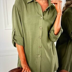 CINNIE Woman Army Green Roll- Tab Sleeve Botton- Up , Size 3XL